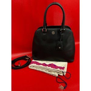 Tory Burch Robinson Dome Triple Compartment Convertible Black Leather Tote Bag